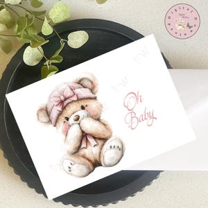 Cartão de boas-vindas para bebê 5x7 para impressão, cartão de parabéns, cartão para menina recém-nascida, cartão fofo de ursinho de pelúcia, download digital, cartão para impressão em casa