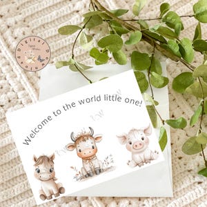 Tarjeta de bienvenida para bebé imprimible, tarjeta para bebé recién nacido, tarjeta de felicitaciones para nuevos padres, tarjeta de bebé con animales de granja, tarjeta neutral para bebé recién nacido