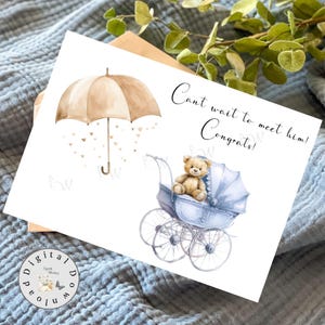 Druckbare Baby Karte, Baby Junge Dusche Karte, Digitaler Download, Kinderwagen Karte, Herzlichen Glückwunsch für neues Baby Jungen, Druck zu Hause 5 x 7 Karte