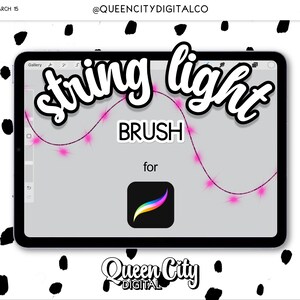 May include: A digital illustration of a string light brush for Procreate. The brush is shown on a tablet screen with the words "string light" and "BRUSH" in a stylized font.