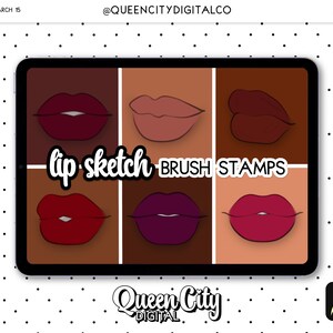 Op de afbeelding: Zes digitale penseelstempels met verschillende gekleurde lippen in een schetsstijl. De tekst "lip sketch BRUSH STAMPS" staat in het midden van de afbeelding. De tekst "Queen City DIGITAL" staat onderaan de afbeelding.