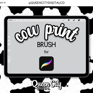 May include: A digital illustration of a cow print brush for Procreate on a tablet screen. The brush is displayed on a gray background with the text "cow print BRUSH for" above it. The image is set against a black and white cow print background.