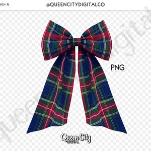 May include: A large plaid bow in red, green, and navy blue. The bow has long, flowing tails and is a PNG file. The text "PNG" is visible on the right side of the bow. The bow is from Queen City Digital Co.