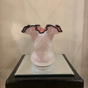 Fenton Black Rose Pink and White Ruffled Vase