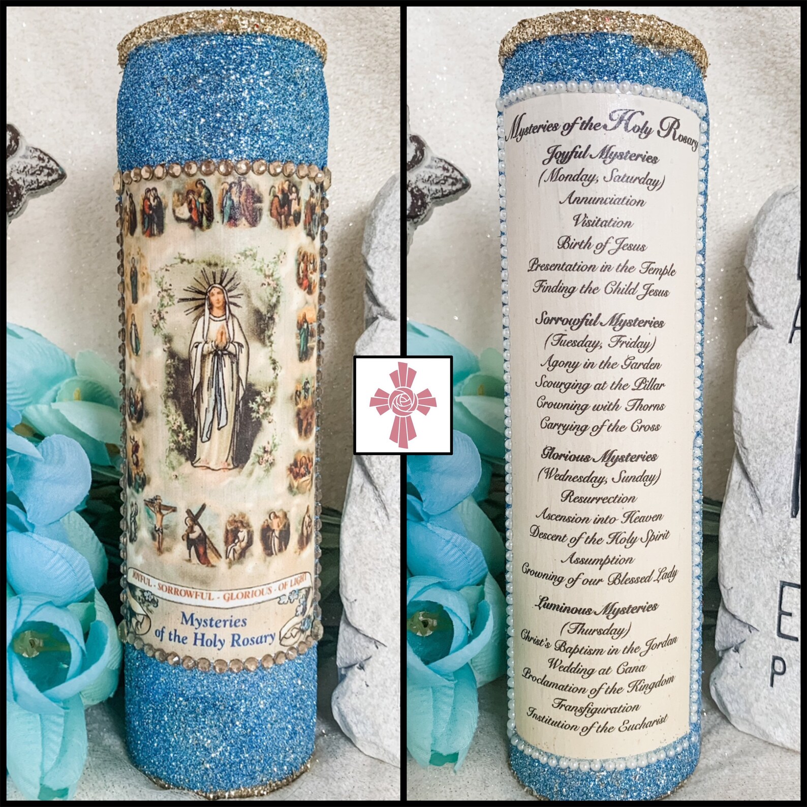 Rosary Mysteries Catholic Prayer Candle Card Jesus Mary Holy Etsy