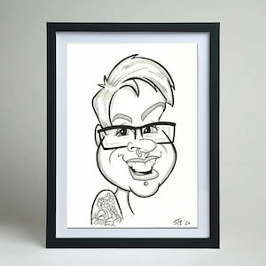 One Person Caricature from photo. B/W A4. Hand drawn original artwork. 1 Person Caricature Portrait from photo. Personalised Gift.