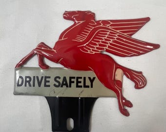 Vintage Mobil Gas Red flying Pegasus, Drive Safely, license plate topper 1940s