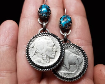 Turquoise with Vintage Coins Sterling Silver Earrings