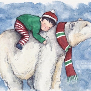 Orso polare con elfo - Stampa Acquerello A5 - Cartolina di Natale, Congratulazioni, Decorazione natalizia, Foglio cornice