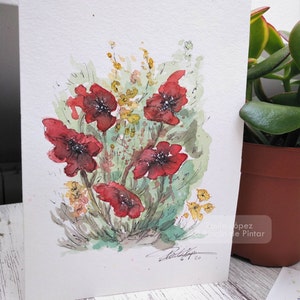 Wilde klaprozen of lavendelboeket - (Voorbeeld, op aanvraag gemaakt) ORIGINELE WATERVERF 15x20 cm