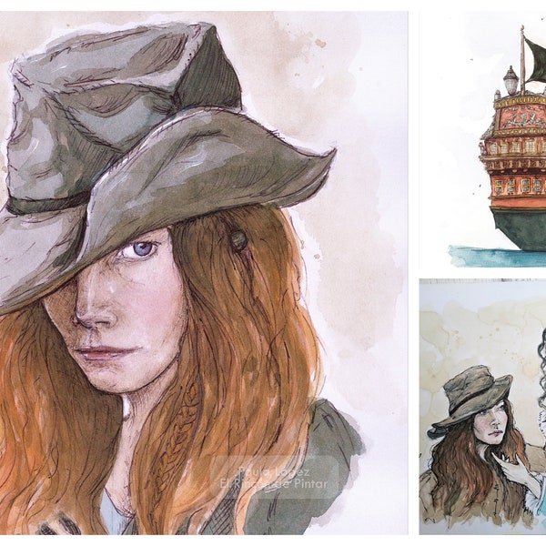 Black Sails pirate fanart - Anne Bonny, Walrus ship, Max and Anne A4 watercolour prints / Láminas