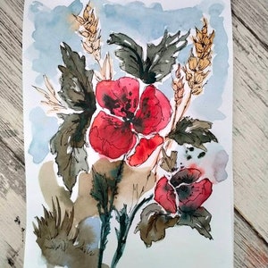 Papaveri e grano - (Esempio, realizzato su richiesta) Acquarello originale A5 Fiori di campo su carta