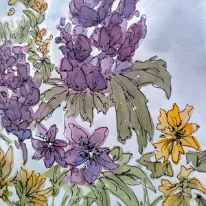 Lillà e denti di leone - (Esempio, realizzato su richiesta) Acquerello originale di fiori di campo A5, fiori viola, fiori gialli