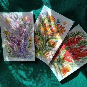 Cartes de fleurs peintes à la main - A5 Aquarelle originale : Diverses fleurs sauvages