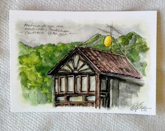 Anatomy of a mountain house, Puentenansa (Cantabria, Spain). Print from original watercolor. A5 size (21 x 15cm)