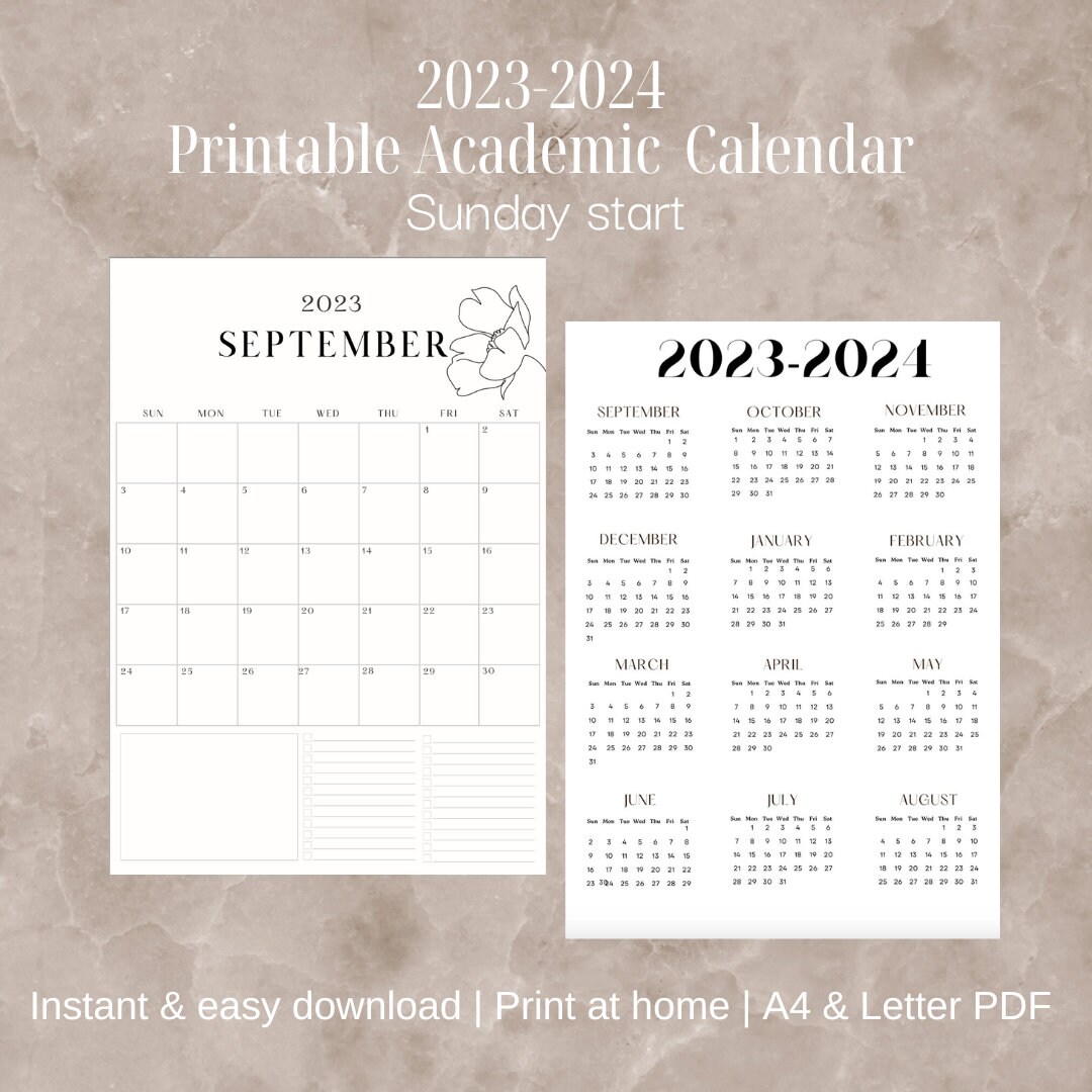 2023-2024 Monthly & Year Academic Printable Calendar - Elegant Black ...