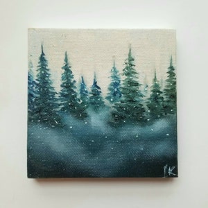 Small Original Mountain Oil Painting Snow Forest Misty pine trees Original Art Wall Art on a Canvas Miniature Art