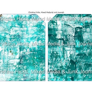 Puede incluir: Dos etiquetas de papel con patrones turquesa y blanco con el texto "Christina Hicks, Mixed Media & Junk Journals" repetido en cada etiqueta.