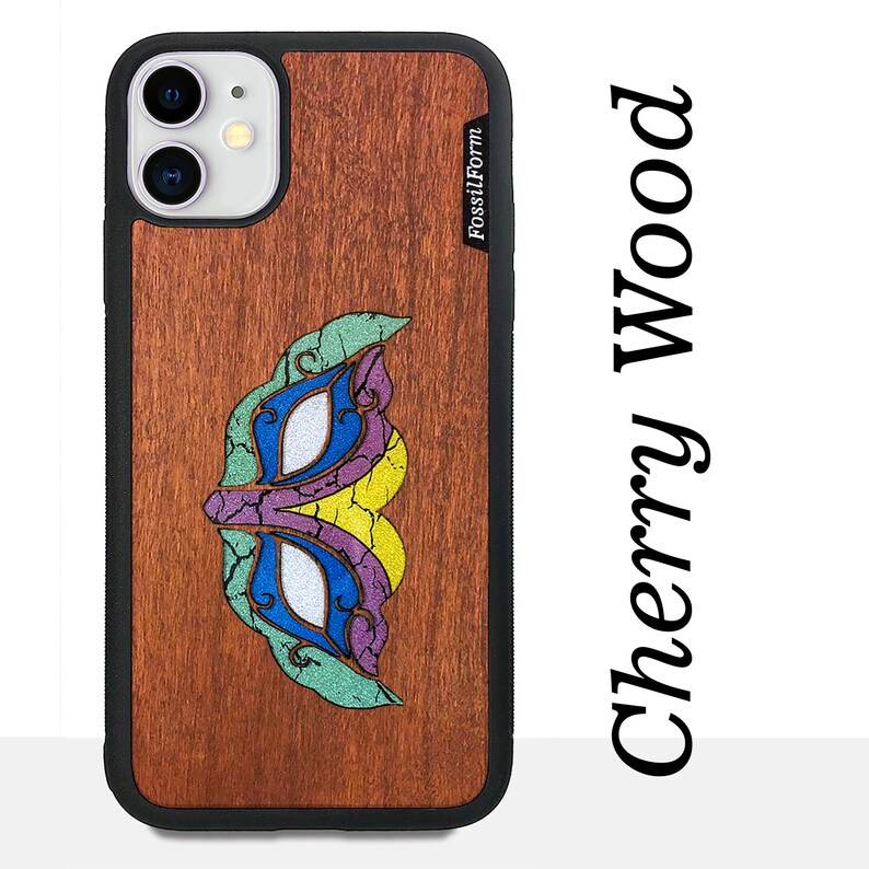 Personalized iPhone Samsung Pixel Case Wood Resin Cellphone Case Black FossilForm Masquerade Mask Real Wood Phone Case