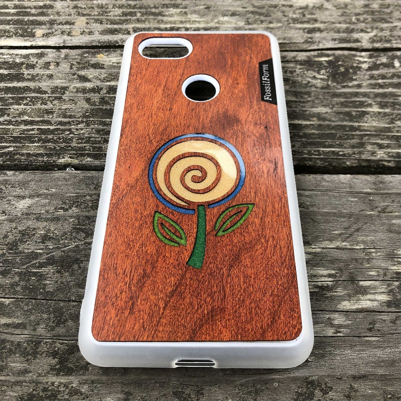 Personalized iPhone Samsung Pixel Case Wood Resin Cellphone Case FossilForm Minimalist Flower Real Wood Phone Case White