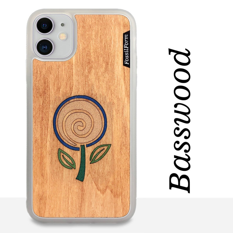 Personalized iPhone Samsung Pixel Case Wood Resin Cellphone Case FossilForm Minimalist Flower Real Wood Phone Case White