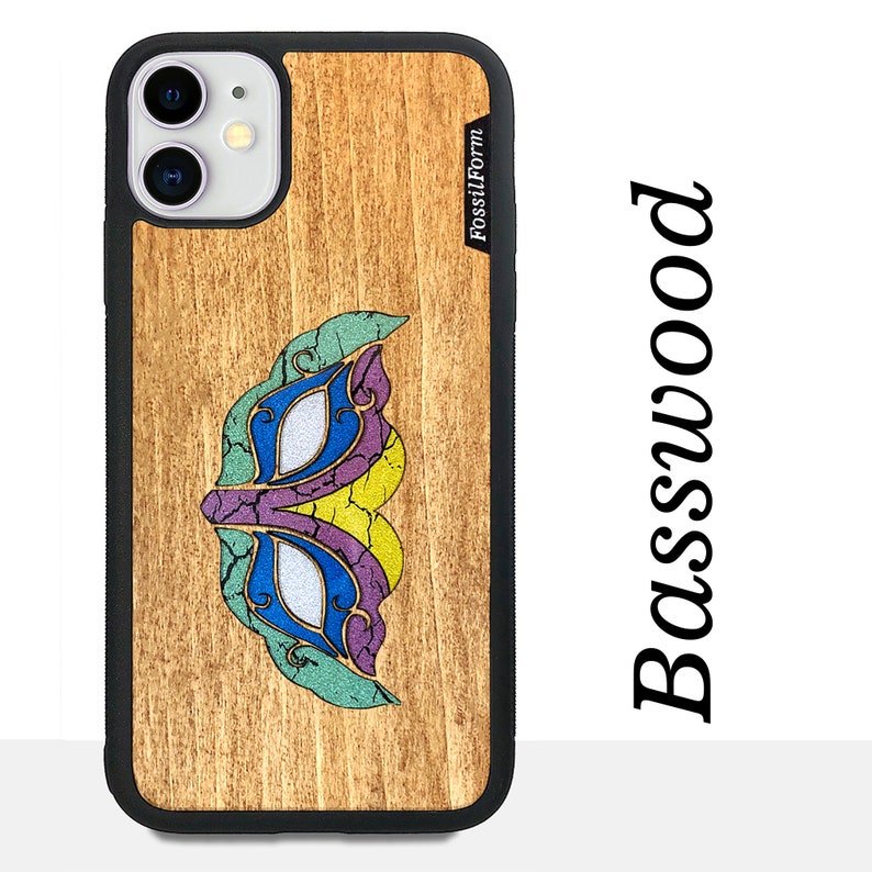 Personalized iPhone Samsung Pixel Case Wood Resin Cellphone Case Black FossilForm Masquerade Mask Real Wood Phone Case