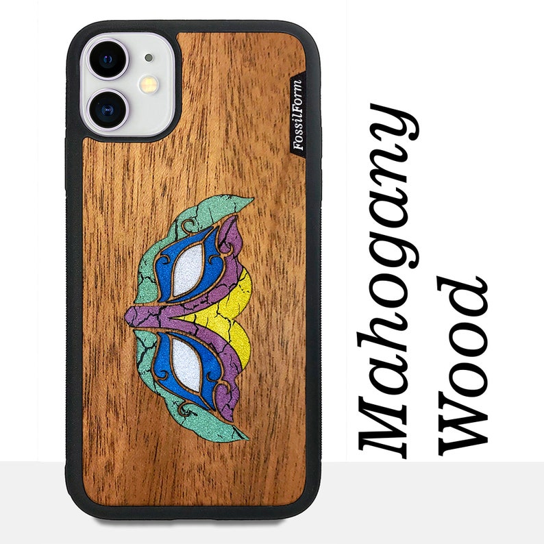 Personalized iPhone Samsung Pixel Case Wood Resin Cellphone Case Black FossilForm Masquerade Mask Real Wood Phone Case