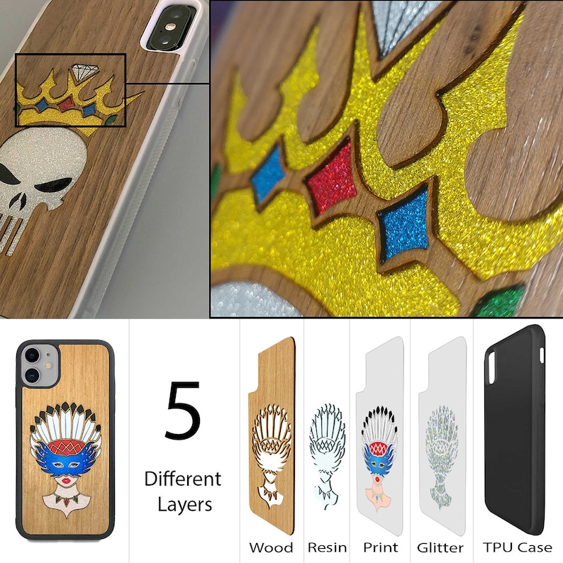 Personalized iPhone Samsung Pixel Case Wood Resin Cellphone Case Black FossilForm Masquerade Mask Real Wood Phone Case