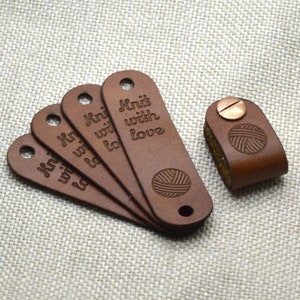 Genuine Leather Labels 0.85X3" - Custom Labels, Knitting Labels, Crochet Labels, Labels with rivets, Engraved Labels