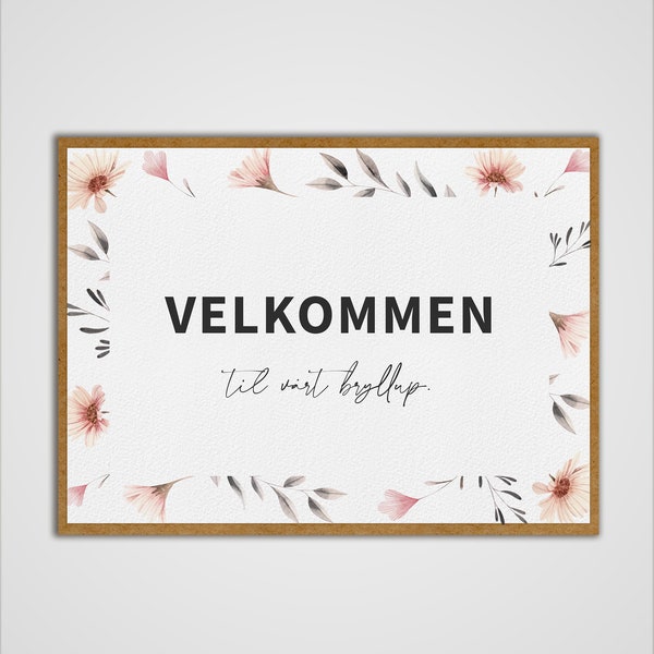 Velkommen-skilt, bryllup, blomster, rosa, printable