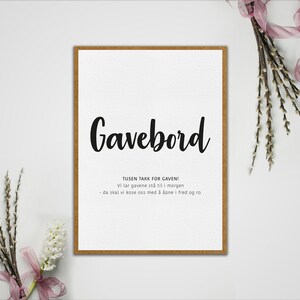 Gavebord-skilt, bryllup, norsk design, minimalistisk, moderne