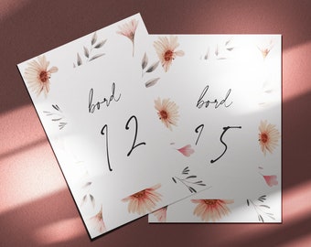 Bordnummer 9-16, bryllup, blomster, rosa, størrelse a6, printable