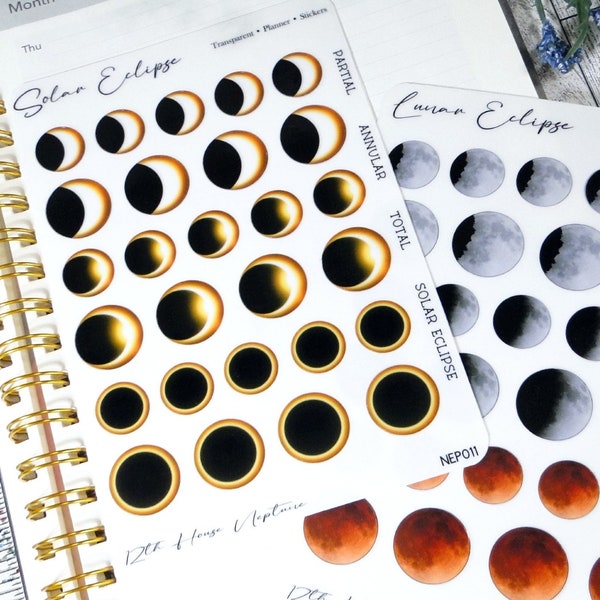 Solar Lunar Eclipse ~ Planner Stickers ~ Transparent Vinyl ~ Calendar Stickers ~ Astrology Planner Stickers ~ Moon Calendar ~ Eclipse