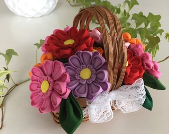 Tsumami Kanzashi Fabric Gerbera Daisy Flower Basket Woven Decor - Handmade