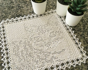 Lace Table Decor, Crocheting & Tatting Grid Knitting Tabby Cat Animal Square Pixel Art Doily Table Ornament Centerpiece - Handmade