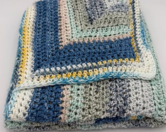 Hand Crocheted Cotton Baby Blanket – Neutral Blues & Greens, Modern Heirloom Gift
