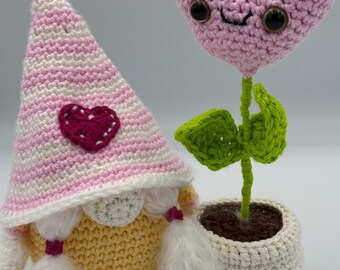Crochet Valentine Gnome Decor Set, Handmade Heart Plant