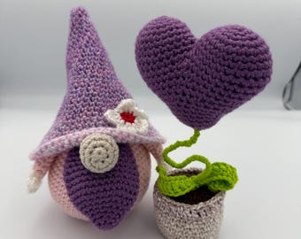 Crochet Gnome and Heart Plant Set, Valentine's Day Decor