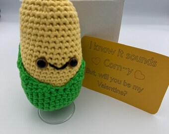 Handmade Crochet Corn Plush, Corny Valentine Gift with Stand