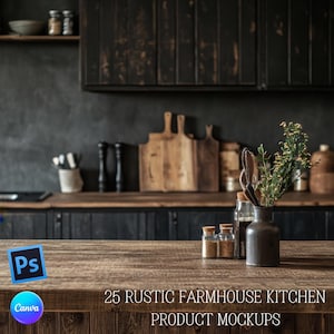 Mockups van boerderijkeukenscène voor productfotografie | 25 rustieke boerderijkeukenachtergronden | Mockup-achtergronden | Direct downloaden