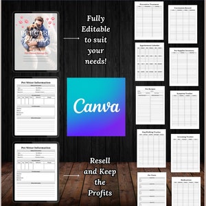 May include: A digital planner for pet care with a cover image of a person holding a dog. The planner includes sections for pet sitter information, appointment calendar, pet recipes, symptom tracker, dog walking tracker, grooming tracker, pet visits, and medications. The planner is fully editable and can be resold with a PLR & MRR license.