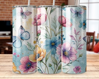 Watercolor Floral Butterfly Tumbler Wrap: Sublimation Design (Digital Download)