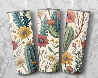 Cactus Floral Tumbler Wrap, Boho Western Design (Digital Download)