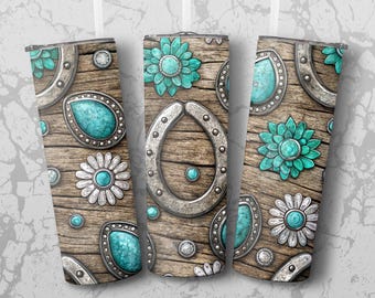Boho Western Tumbler Wrap: Turquoise Horseshoe PNG (Digital Download)
