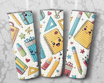 Back to School PNG Tumbler Wrap, Seamless School Supplies Design (Digital Download)