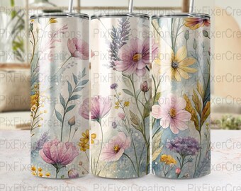 May include: Three stainless steel tumblers with floral designs. The tumblers feature watercolor illustrations of pink, yellow, and purple flowers with green foliage against a light blue and cream background. Each tumbler has a silver straw.