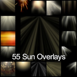 May include: A collection of 55 sun overlays, featuring various light effects and sunbeams in different colors and styles. These overlays can be used to add a touch of sunshine to your photos and videos.