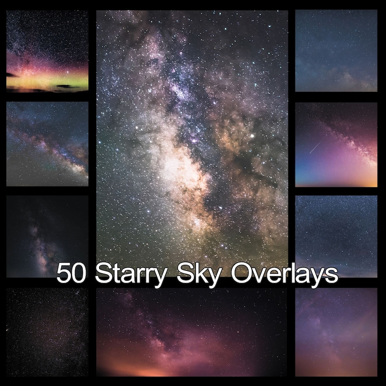 May include: A collage of 50 images featuring starry night skies with the Milky Way galaxy visible in many of the images. The images are arranged in a grid pattern and are all in focus.