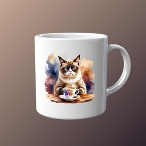 Grumpy Cats Drinking Coffee Watercolor AI Generated Clipart Instant ...