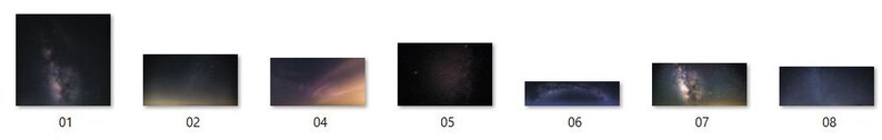 May include: A collection of eight different images of the Milky Way galaxy, each with a unique perspective and color scheme. The images are arranged in a row, with the first image on the left and the last image on the right.